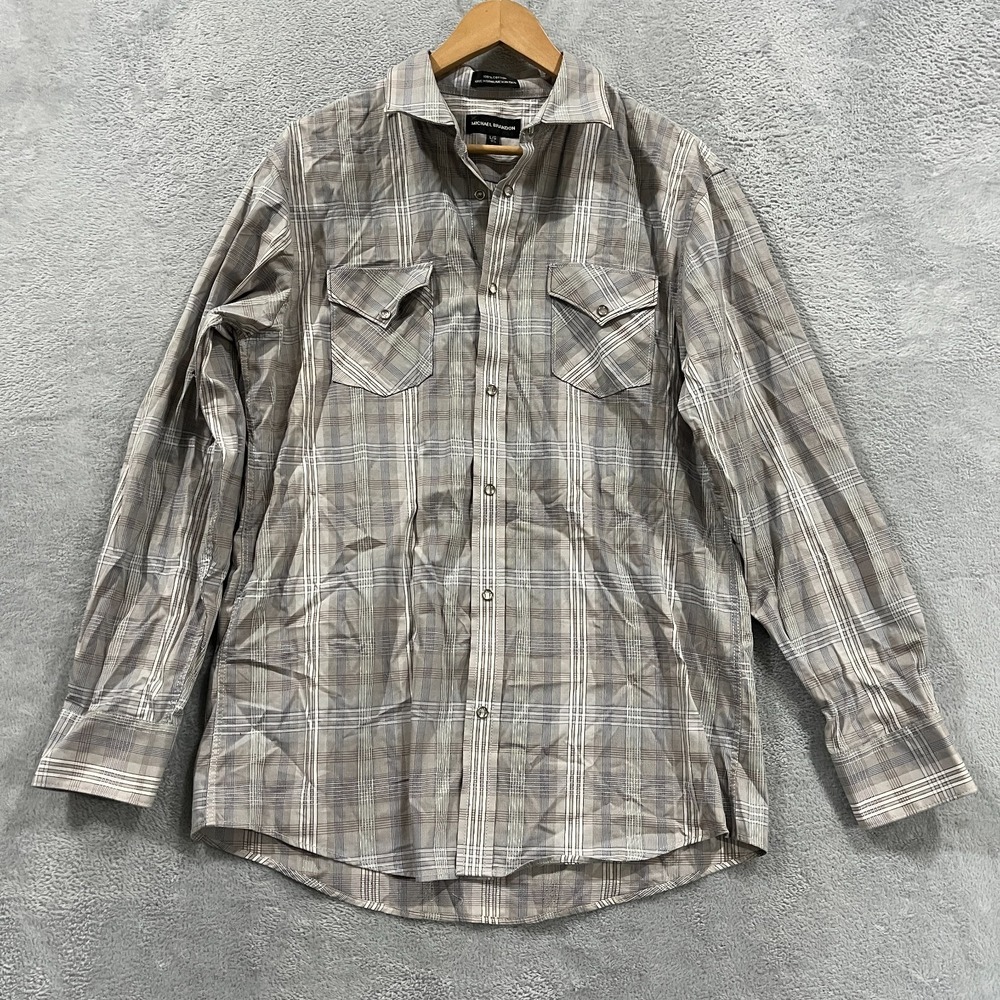 Michael Brandon Pearl Snap Shirt Mens Large 16.5 Plaid Southwestern Cowboy 90s